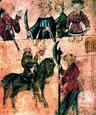 Ilustração do manuscrito Cotton Nero A.x: um cavaleiro a cavalo diante de uma figura com um machado, e pessoas numa galeria acima