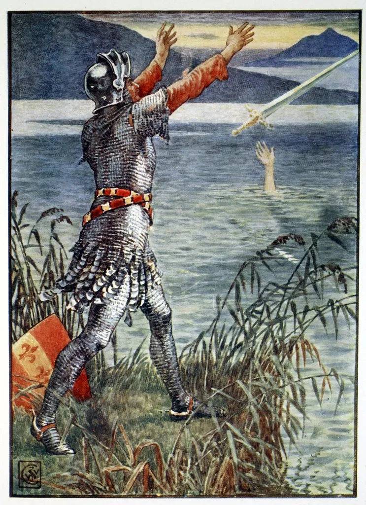 Ilustração de Bedivere, de costas e de braços erguidos, no instante em que lança Excalibur ao lago, de onde uma mão surge para recebê-la