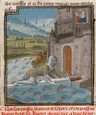 Iluminura de um cavaleiro de armadura atravessando de joelhos uma ponte feita de uma espada, diante de um castelo com duas figuras numa janela