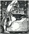 Ilustração em preto e branco de um jovem descalço, de manto claro, puxando uma espada cravada numa bigorna, diante de uma multidão