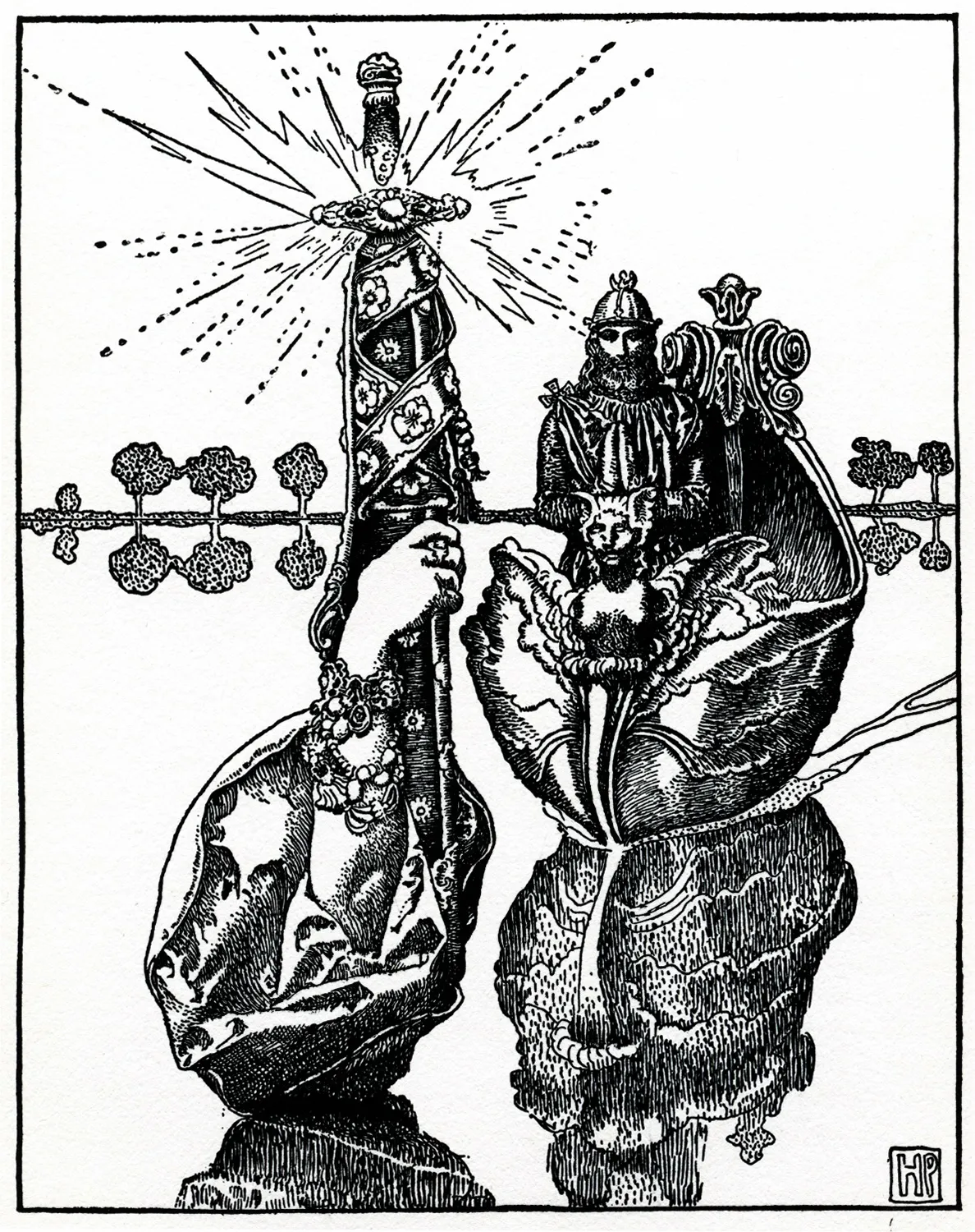 Ilustração em preto e branco de uma espada cravada numa bigorna, com raios saindo do punho, e um cavaleiro de elmo atrás da pedra