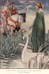 Ilustração colorida em que uma dama de manto verde e coroa, de pé num barco em forma de cisne, aponta para um braço que emerge de um lago segurando uma espada; à esquerda, Arthur de armadura e Merlin barbudo observam, ao lado de dois cavalos