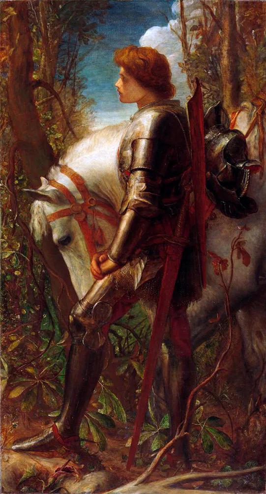 Pintura de Galahad de perfil, com armadura escura e cabelo ruivo, ao lado de um cavalo branco numa floresta; o elmo pende da sela e uma espada de bainha vermelha fica à frente do corpo