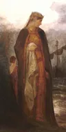 Pintura de Guinevere de pé, de coroa de ouro e véu claro, com manto escuro sobre um vestido vermelho e dourado, olhando para o lado; ao fundo, um navio no mar e uma figura menor atrás da rainha