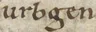 Detalhe do manuscrito Harley MS 3859 com a palavra urbgen, o nome de Urien, em escrita medieval