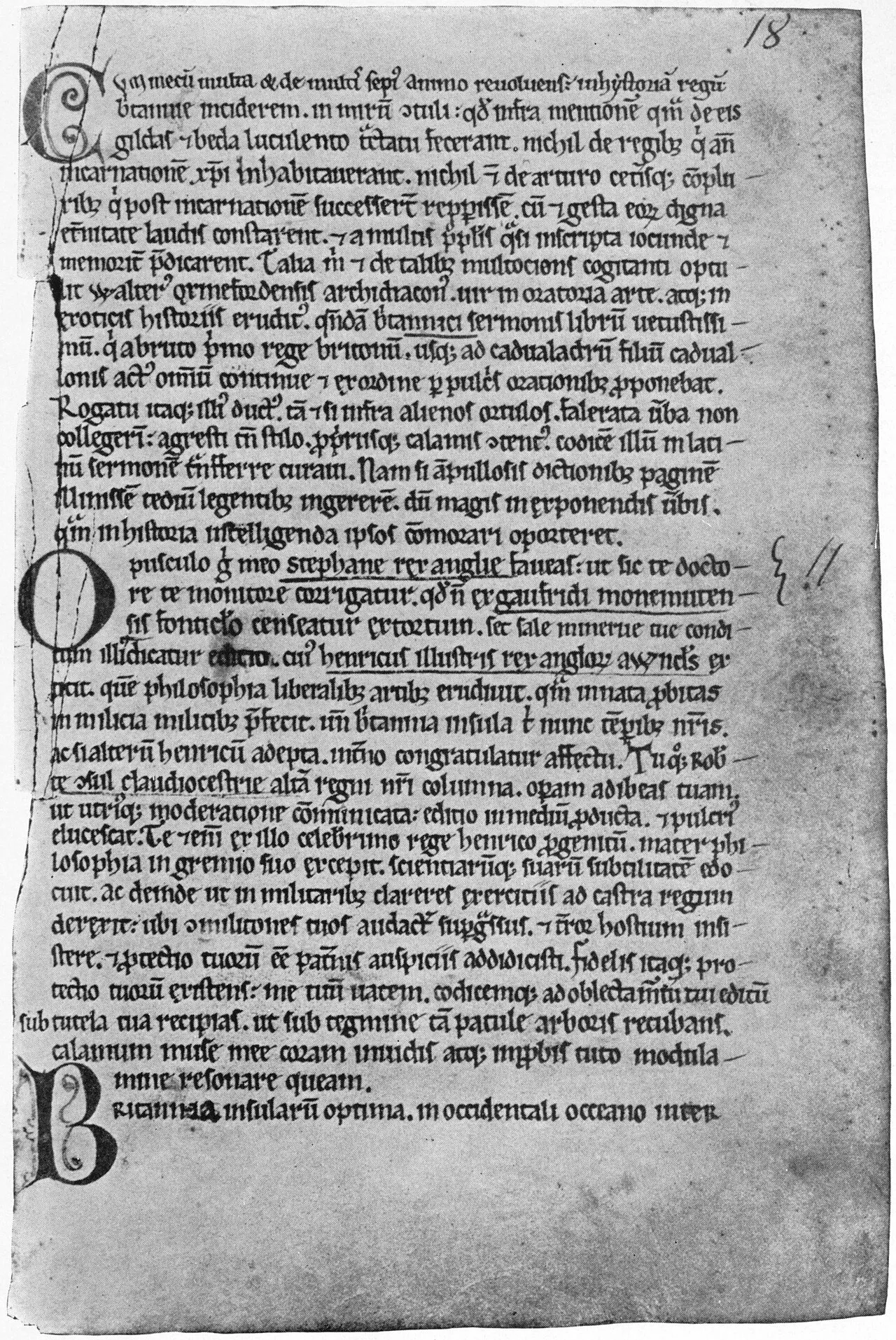 Página do manuscrito de Berna, Cod. 568, fólio 18, com a dedicatória da Historia Regum Britanniae em latim e uma inicial ornamentada