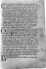Página do manuscrito de Berna, Cod. 568, fólio 18, com a dedicatória da Historia Regum Britanniae em latim e uma inicial ornamentada