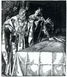 Ilustração em preto e branco de um homem barbado de manto e um jovem de coroa, ambos inclinados sobre uma espada pousada numa mesa coberta