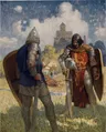 Ilustração de dois cavaleiros armados num campo, um de costas com manto azul e o outro de sobreveste vermelha com um leão, diante de um castelo