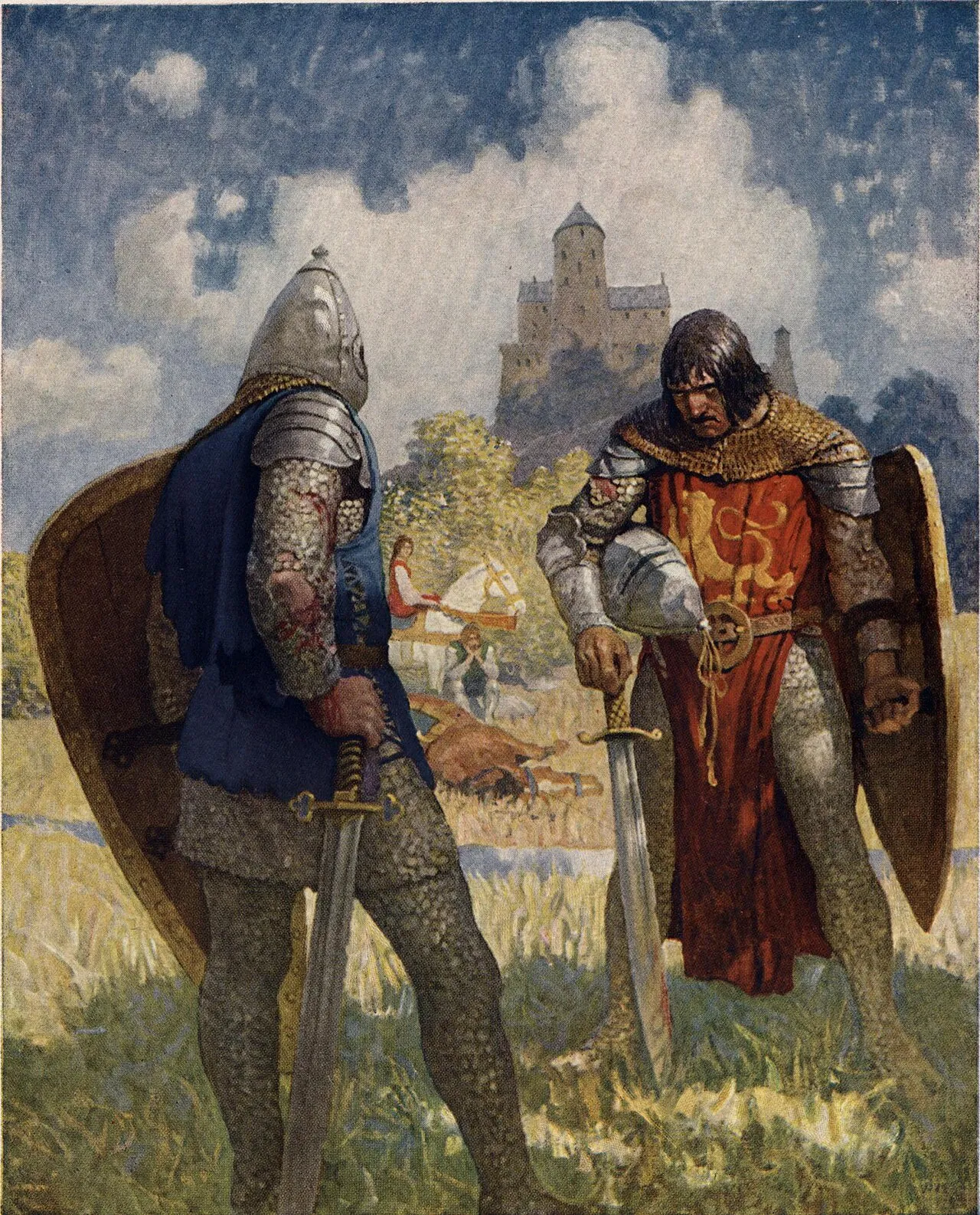 Ilustração de dois cavaleiros armados num campo, um de costas com manto azul e o outro de sobreveste vermelha com um leão, diante de um castelo
