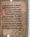 Página do Livro Negro de Carmarthen com versos em galês, uma inicial vermelha e um desenho de animal na margem inferior