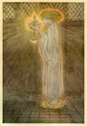 Ilustração de uma jovem de vestido claro, descalça, segurando um cálice luminoso de onde saem raios, numa sala de piso xadrez