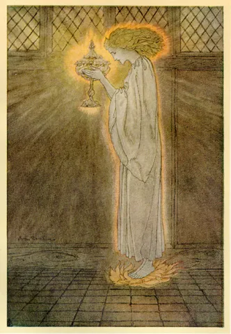 Ilustração de uma jovem de vestido claro, descalça, segurando um cálice luminoso de onde saem raios, numa sala de piso xadrez