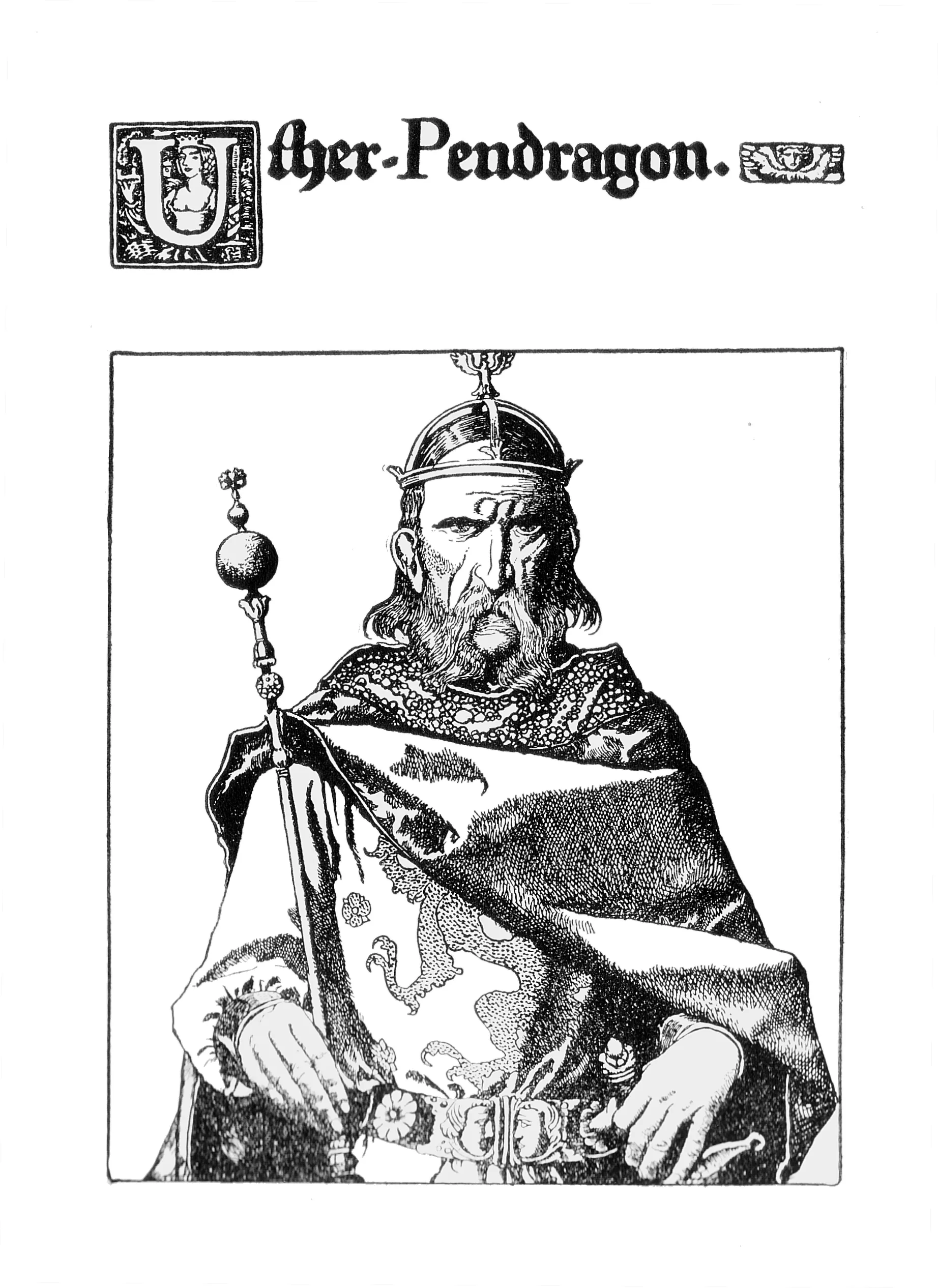 Gravura em preto e branco de Uther Pendragon, de barba e coroa, de manto sobre a armadura de malha, segurando um cetro; o título 'Uther Pendragon' aparece em letras góticas acima